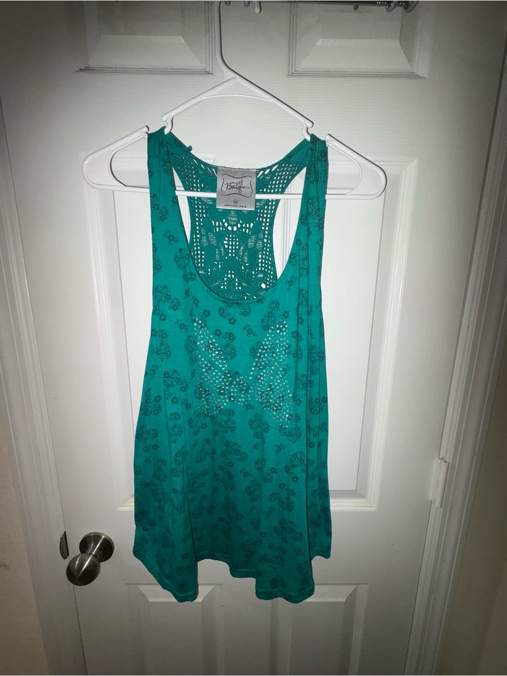 Disney Teal Floral Crochet Racerback Tank with Studded Front